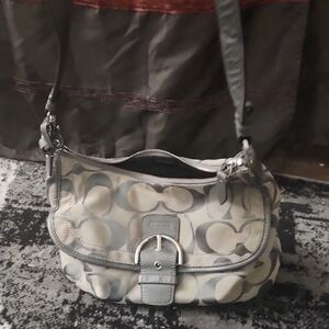 Coach Signature Canvas Shoulder Bag in Light Gray and Cream Gently Used.